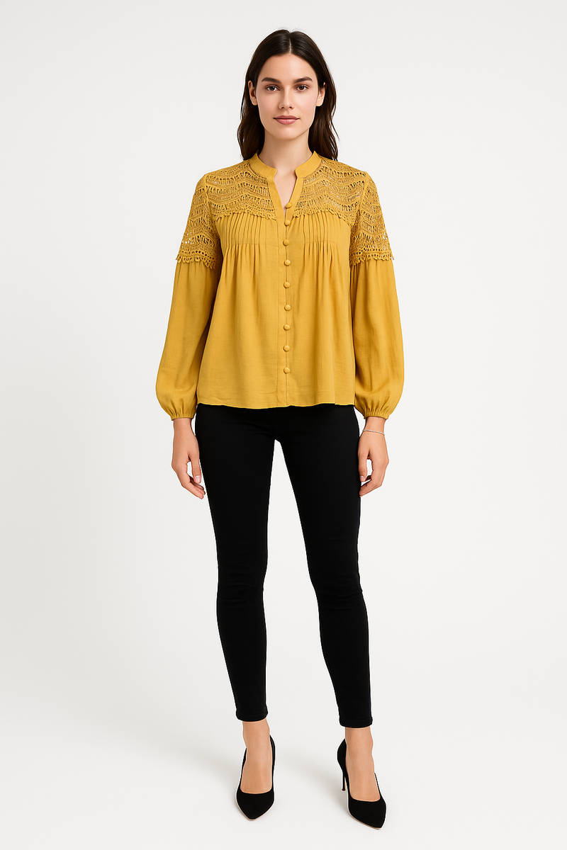 High Neck, Button Through, Elasticated Cuff, Lace Detailed Viscose Top