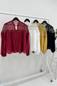 High Neck, Button Through, Elasticated Cuff, Lace Detailed Viscose Top