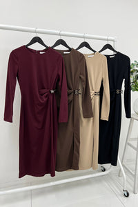 Chic Long-Sleeve Midi | Brown with Side Slit