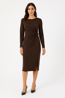 Chic Long-Sleeve Midi | Brown with Side Slit
