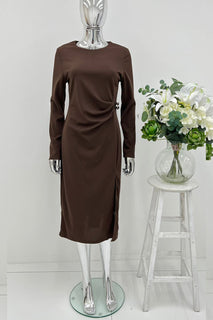 Chic Long-Sleeve Midi | Brown with Side Slit