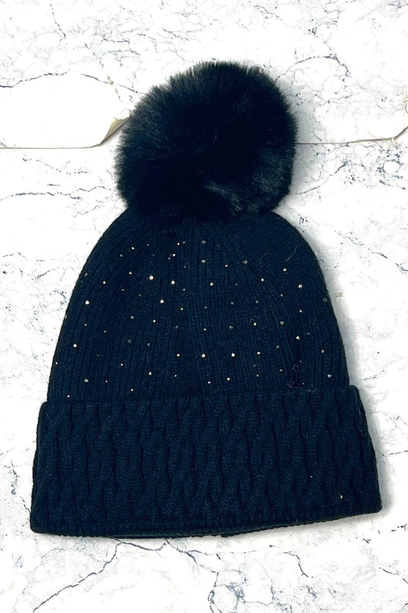 Cable Knit, Diamanté Studded and Pom Pom Detailed Hat