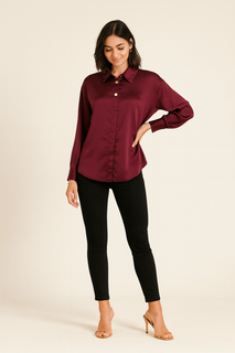 satin-finish button-up shirts featuring a classic collar, statement gold buttons