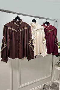 High Neck, Button Through, Frill & Embroidery Detailed Shirt