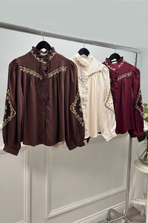 High Neck, Button Through, Frill & Embroidery Detailed Shirt