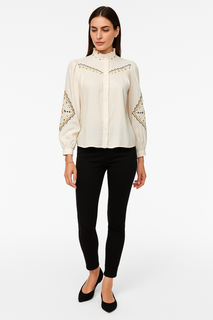 High Neck, Button Through, Frill & Embroidery Detailed Shirt