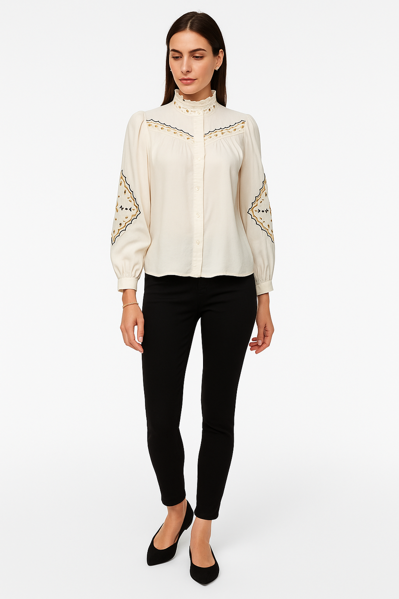 High Neck, Button Through, Frill & Embroidery Detailed Shirt