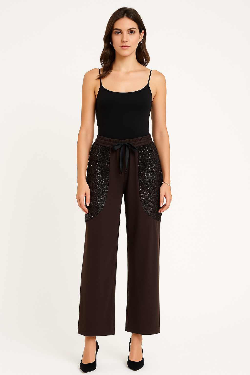 Sequin Panel Wide-Leg Trousers