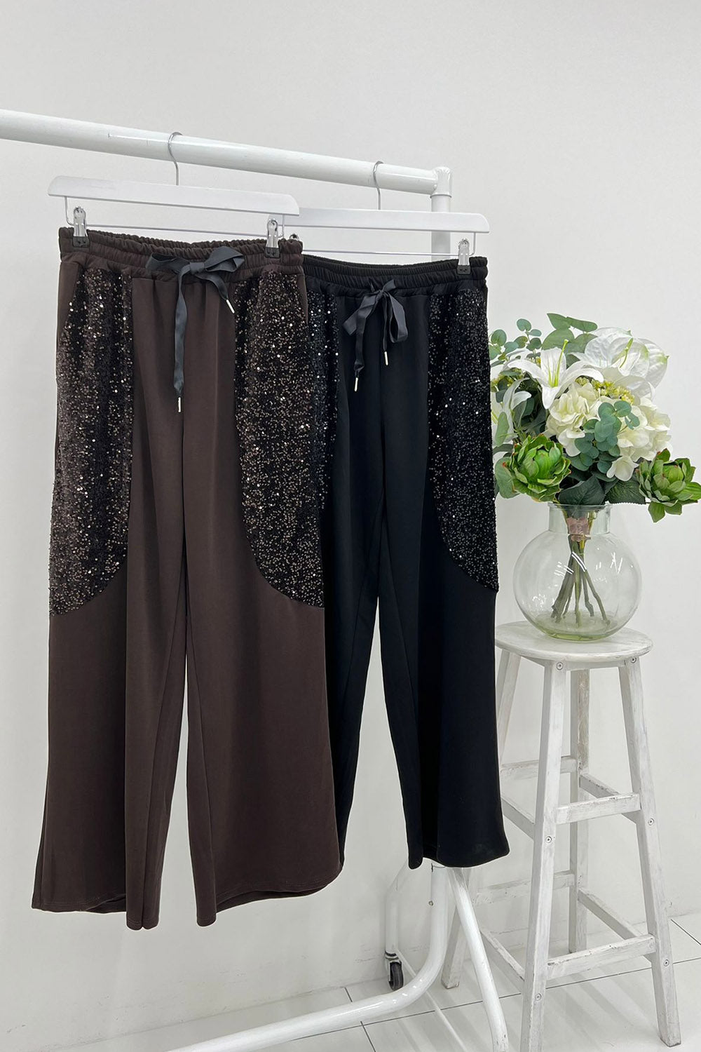 Sequin Panel Wide-Leg Trousers