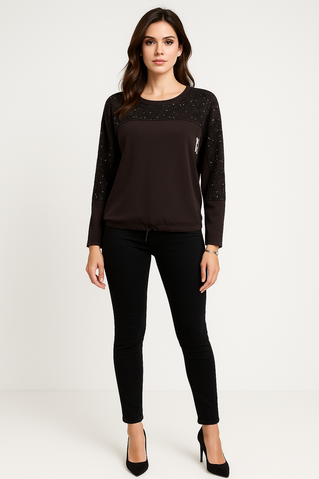 Round Neck, Adjustable Drawstring Hem, Sequin Detailed Top