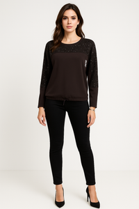 Round Neck, Adjustable Drawstring Hem, Sequin Detailed Top