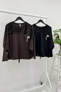 Round Neck, Adjustable Drawstring Hem, Sequin Detailed Top