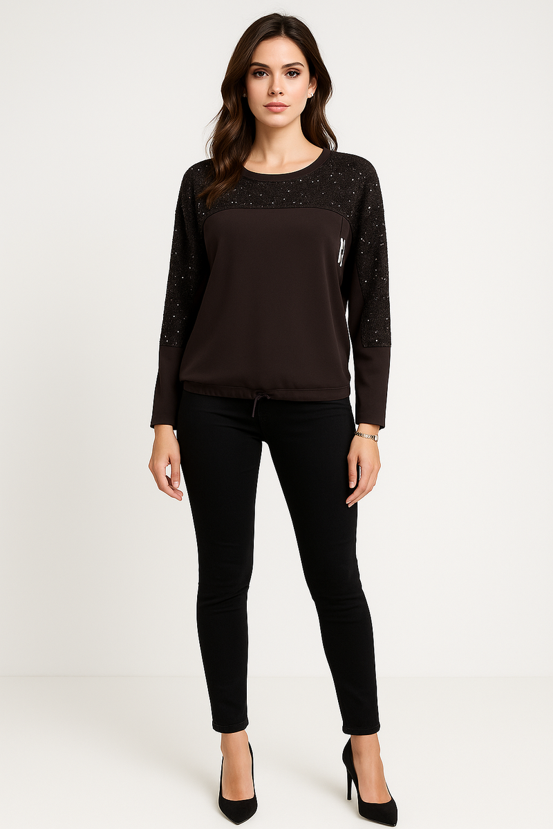 Round Neck, Adjustable Drawstring Hem, Sequin Detailed Top