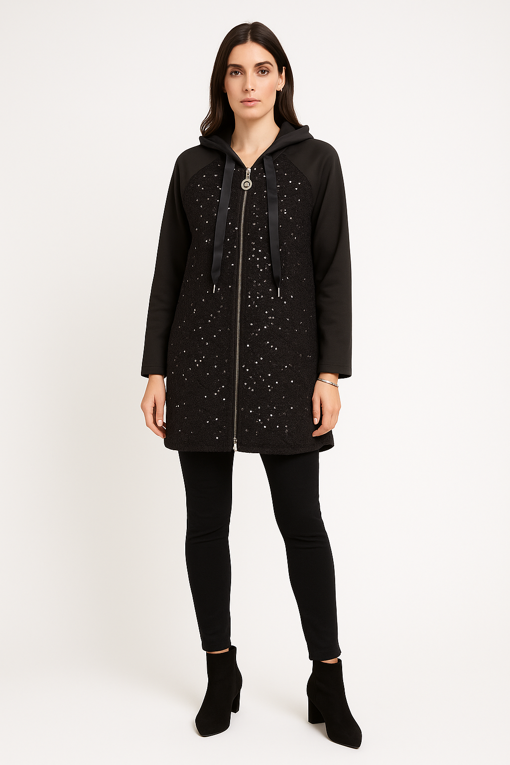 Sequined , long sleeves hooded zip-up jacket