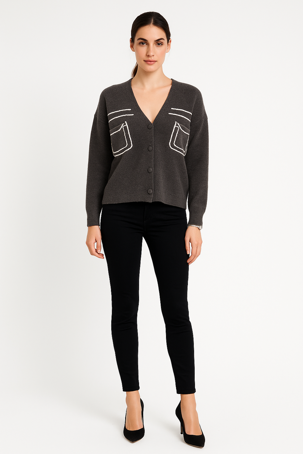 V-Neck, Lana Wool, Nylon & Acrylic Knitted Cardigan.