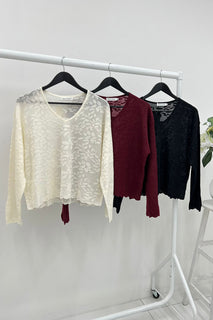 V-Neck, Floral Embossed Detailed, Lana Wool, Acrylic & Nylon Light Knitted Jumper