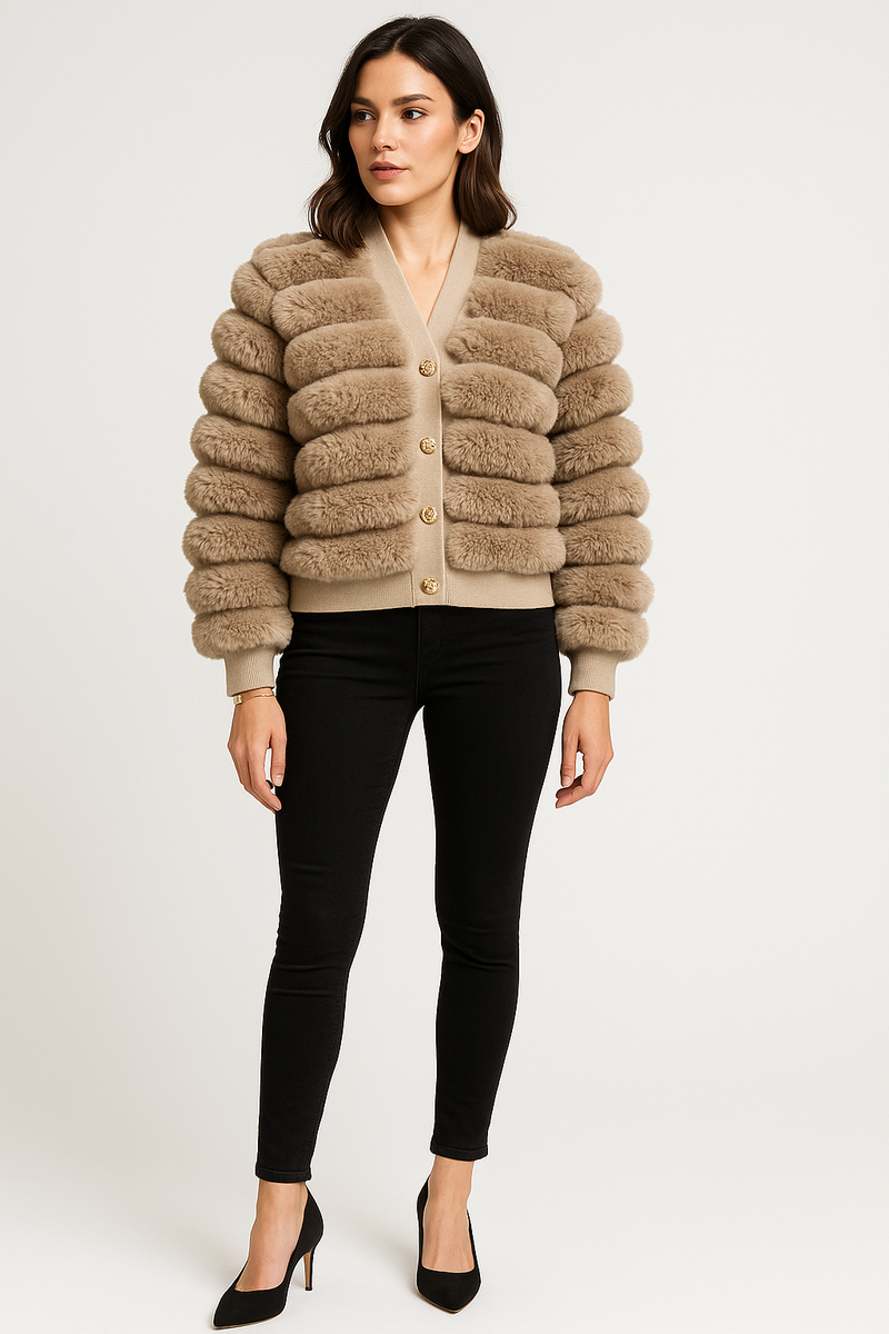 Gold Button Detail Fur Jacket