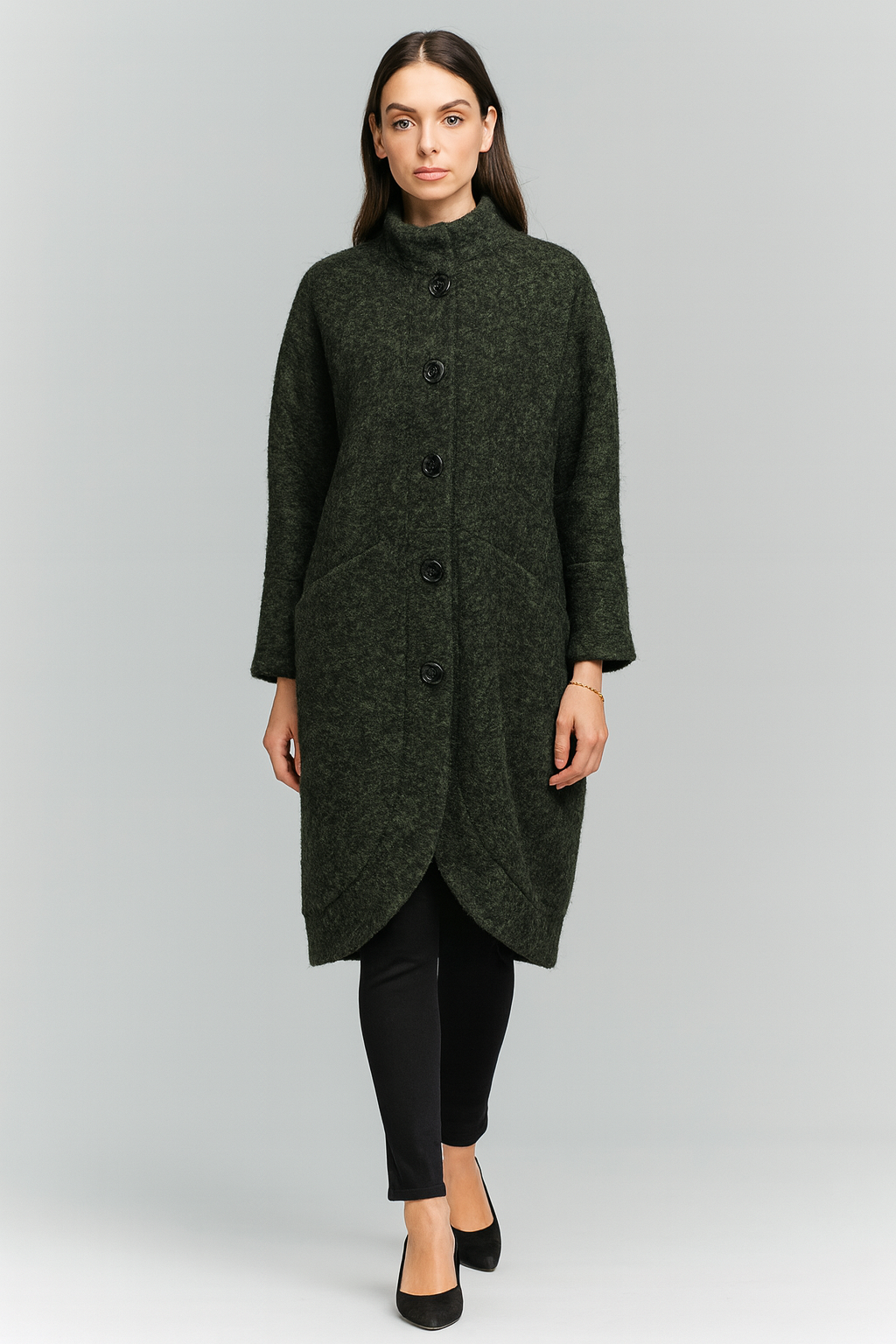 Soft wool coat with a stand collar, curved hem, and oversized buttons