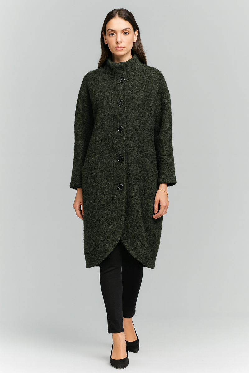 Soft wool coat with a stand collar, curved hem, and oversized buttons
