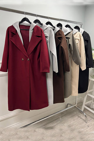 Button Detailed, Two Pocket Coat with Hoodie