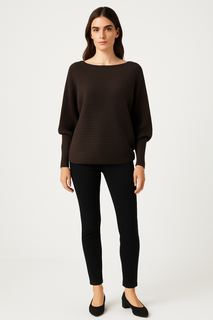 Dark Brown Sweater – Boat Neck with Batwing Sleeves
