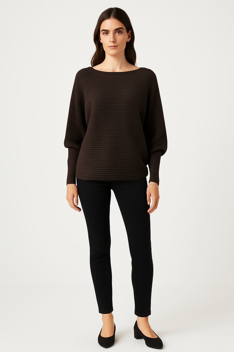 Dark Brown Sweater – Boat Neck with Batwing Sleeves