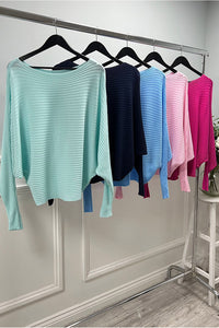 Slash Neck, Viscose Knitted, Ribbed Batwing Jumper