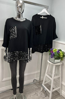 Round Neck, Sequin Pocket & Hem Detailed, 100% Cotton, Fleece Lined Top.