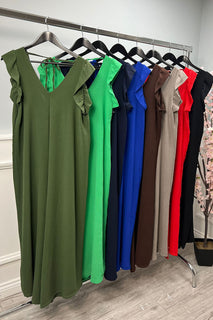 V Front & Back, Tie Back Detailed, Frill Sleeve, Wide Leg Jumpsuit