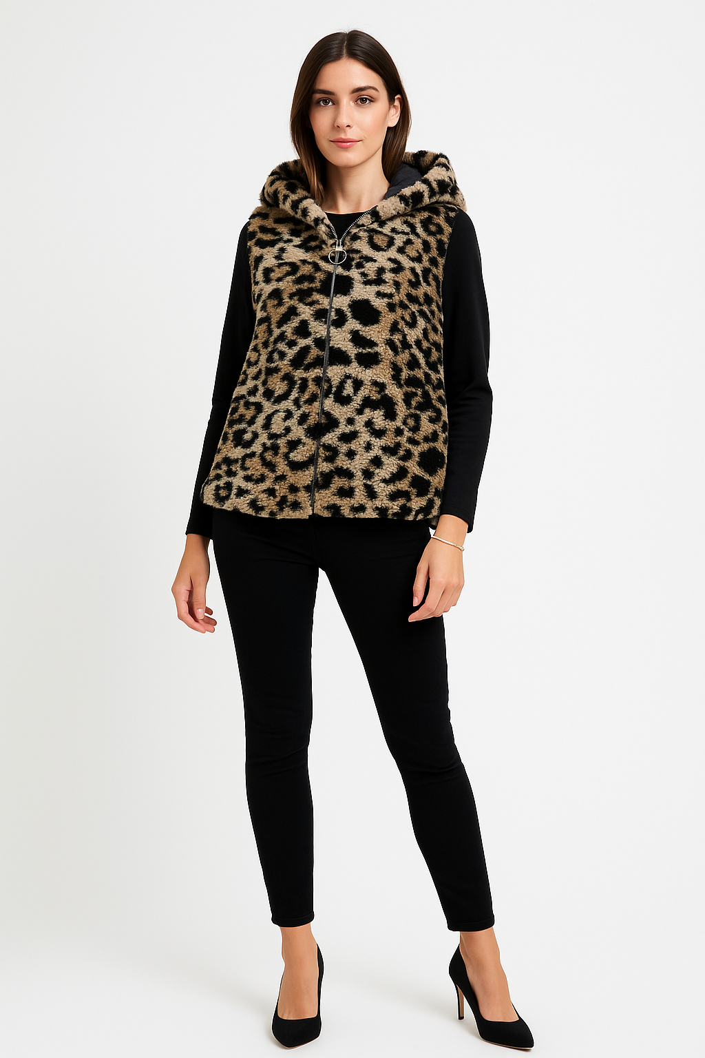 Leopard print zip-up sherpa jacket