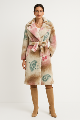 Plush, faux shearling belted coat with wide notched lapel collar, wrap-style front
