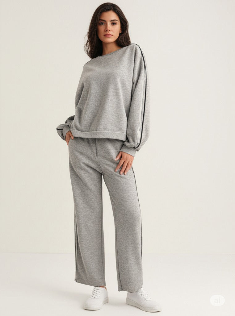 Round Neck, Elasticated Cuff, Elasticated Waist, Drawstring Detailed, Two Pocket Wide Leg Two Piece Set