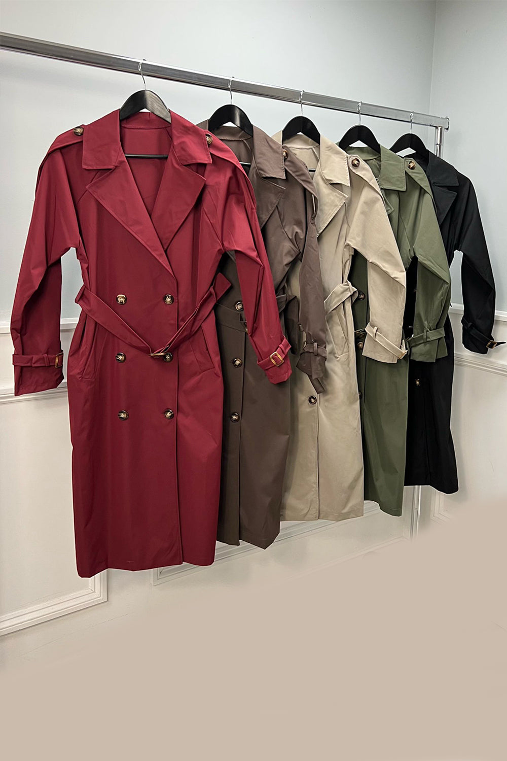 Classic Belted Trench Coat, Material: Smooth woven fabric, lightweight