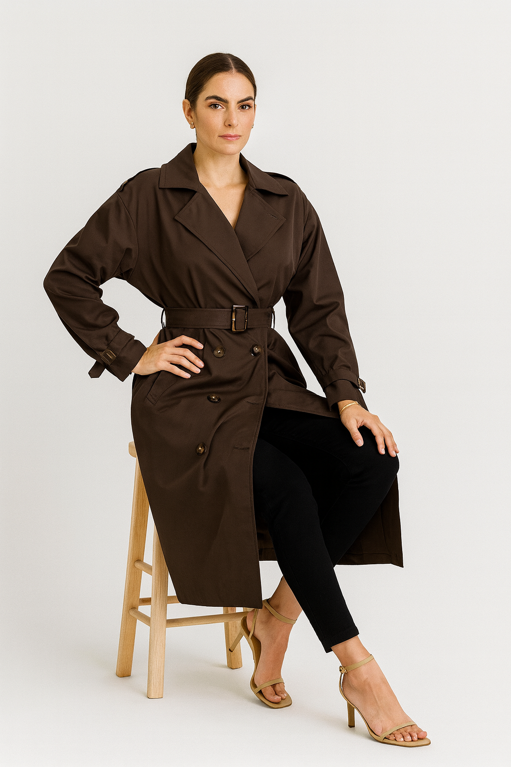 Classic Belted Trench Coat, Material: Smooth woven fabric, lightweight