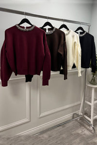 Diamante Neck Detailed, Balloon Sleeve Knitted Jumper