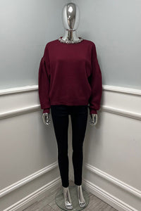 Diamante Neck Detailed, Balloon Sleeve Knitted Jumper