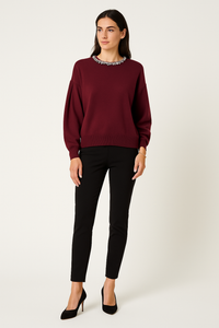 Diamante Neck Detailed, Balloon Sleeve Knitted Jumper