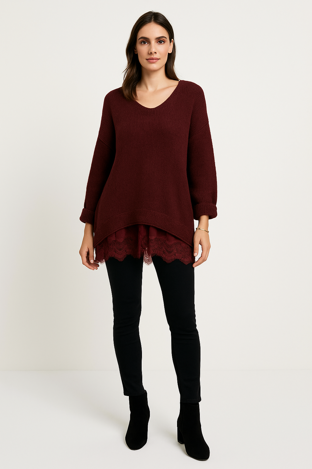 Cozy Knit Sweater with Lace Hem