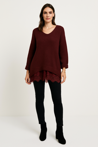 Cozy Knit Sweater with Lace Hem