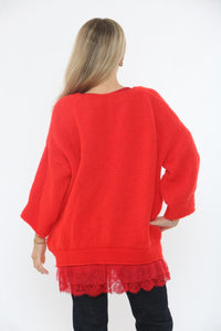 Round Neck, Lace Hem Detailed, V-Neck, Lana Wool, Viscose & Acrylic Knitted, Two Piece Set