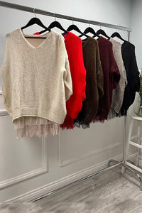 Cozy Knit Sweater with Lace Hem
