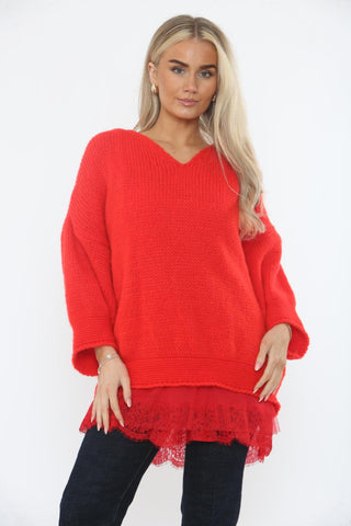 Round Neck, Lace Hem Detailed, V-Neck, Lana Wool, Viscose & Acrylic Knitted, Two Piece Set