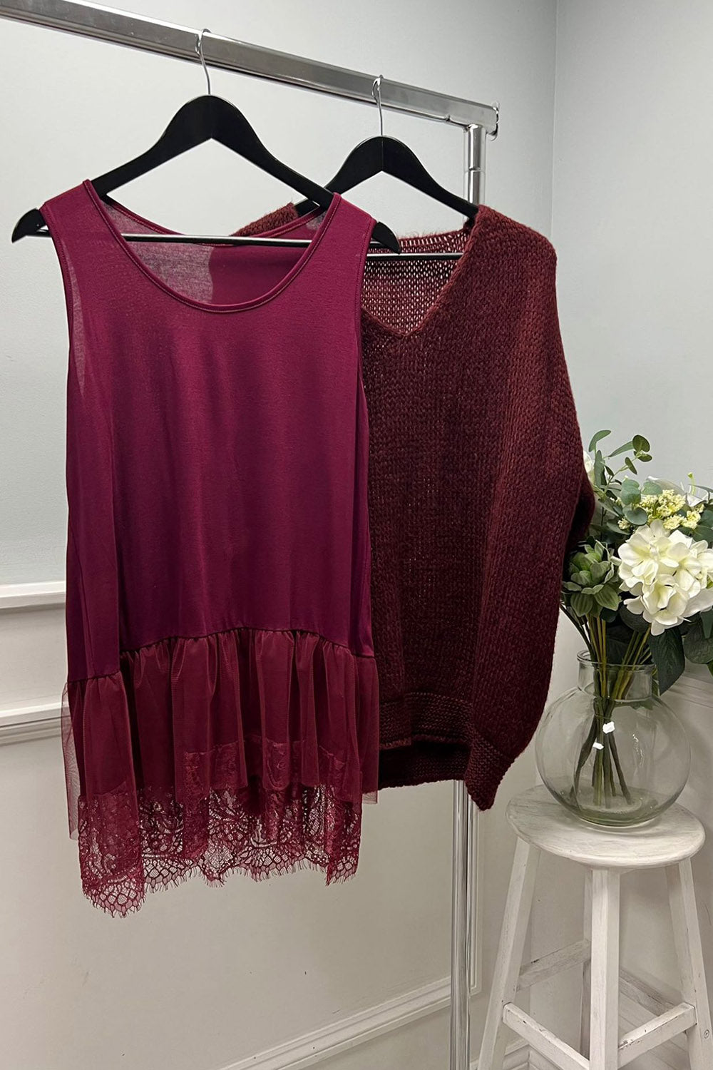 Cozy Knit Sweater with Lace Hem