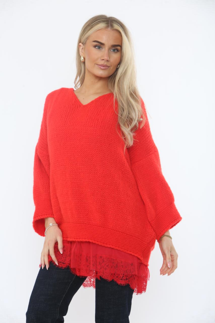 Round Neck, Lace Hem Detailed, V-Neck, Lana Wool, Viscose & Acrylic Knitted, Two Piece Set