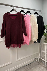 Round Neck, Lace Hem Detailed, V-Neck, Lana Wool, Viscose & Acrylic Knitted, Two Piece Set