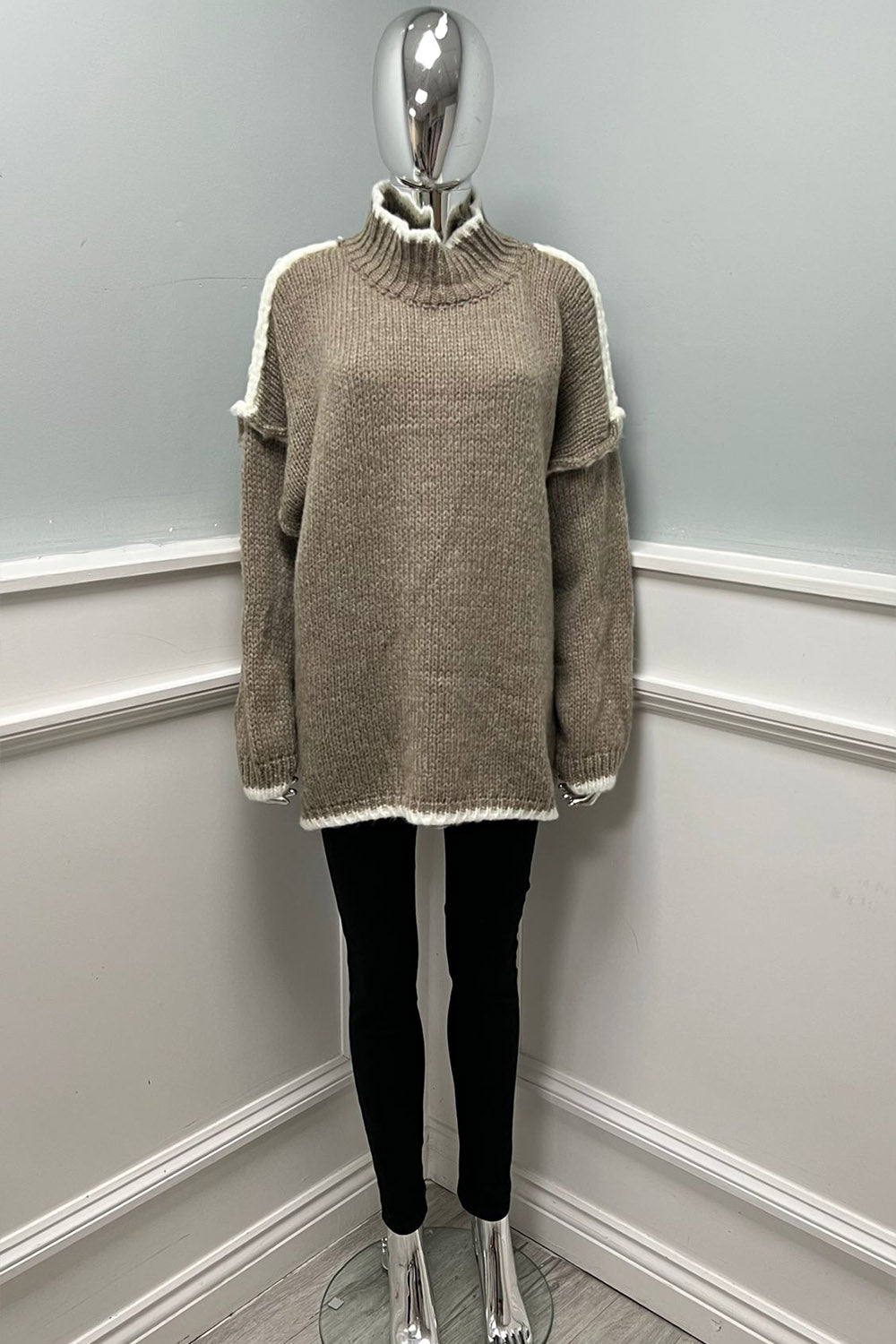 Contrast Trim High-Neck Knit Jumper
