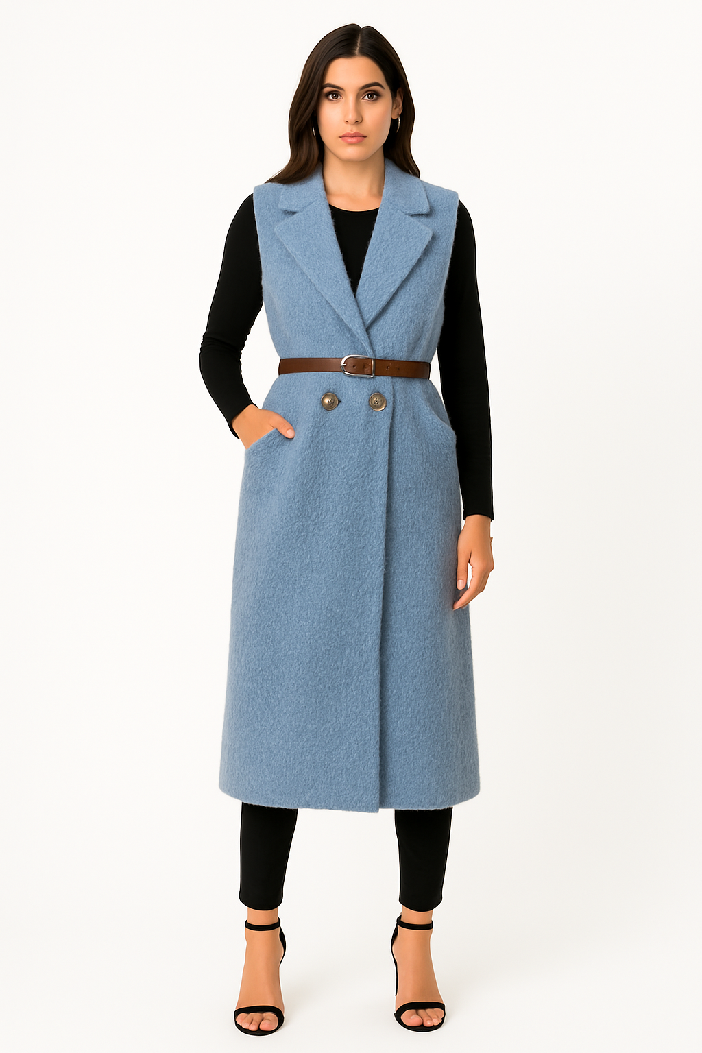 sleeveless teddy jacket with a double-breasted front adorned with gold-tone buttons