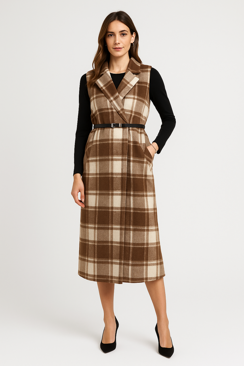 Sleeveless, longline plaid coat