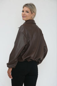 Zip Through, Elasticated Cuff & Hem, Two Pocket PU Bomber Jacket.