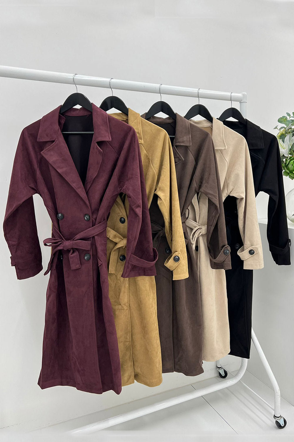 Button & Tie Front Detailed, Two Pocket Suede Trench Coat.